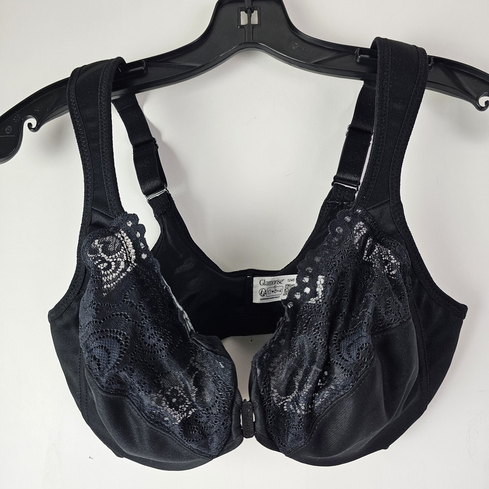 Glamorise Bra 1245 Wonderwire front close underwire size 34D Black Lace